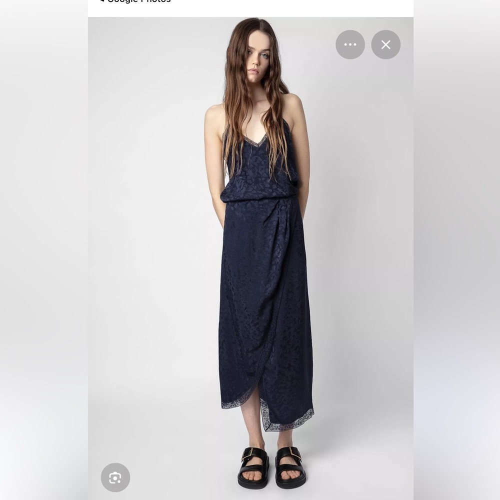 Zadig & Voltaire Rixi Jac Silk Dark Blue Midi  Lace Trim Dress Women’s Small